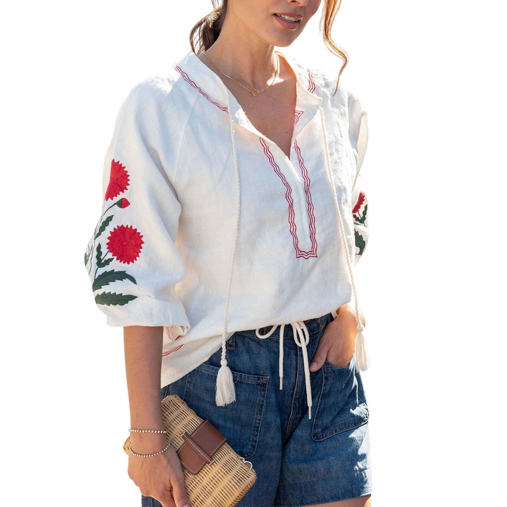 Voyageur by Mersea Cream Linen Palermo Embroidery Top XL Floral Boho Festival